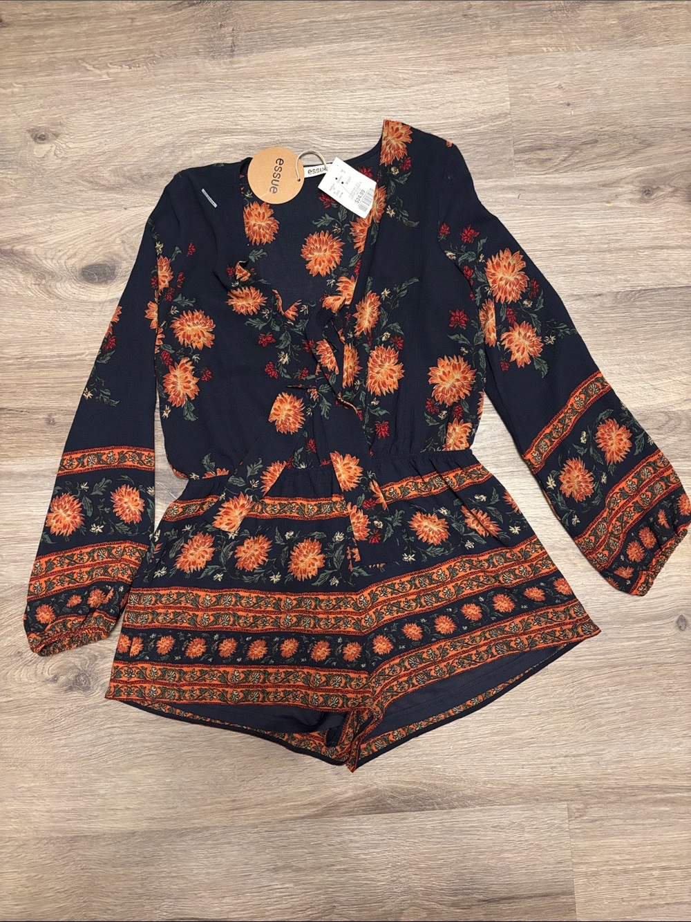 essue Dark Blue Romper with Orange Floral Print and Tie Front